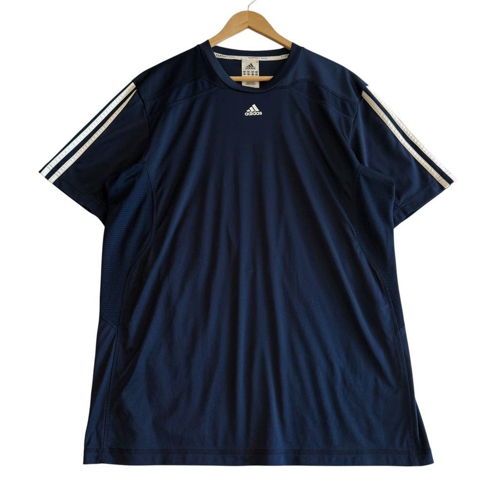 Adidas ClimaCool Short Sleeve Blue White Stripes Athletic Gym Shirt XL #419